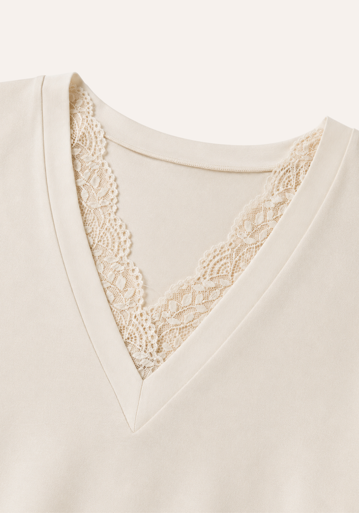 Plain V-Neck Long Sleeve Pajamas With Lace Detail