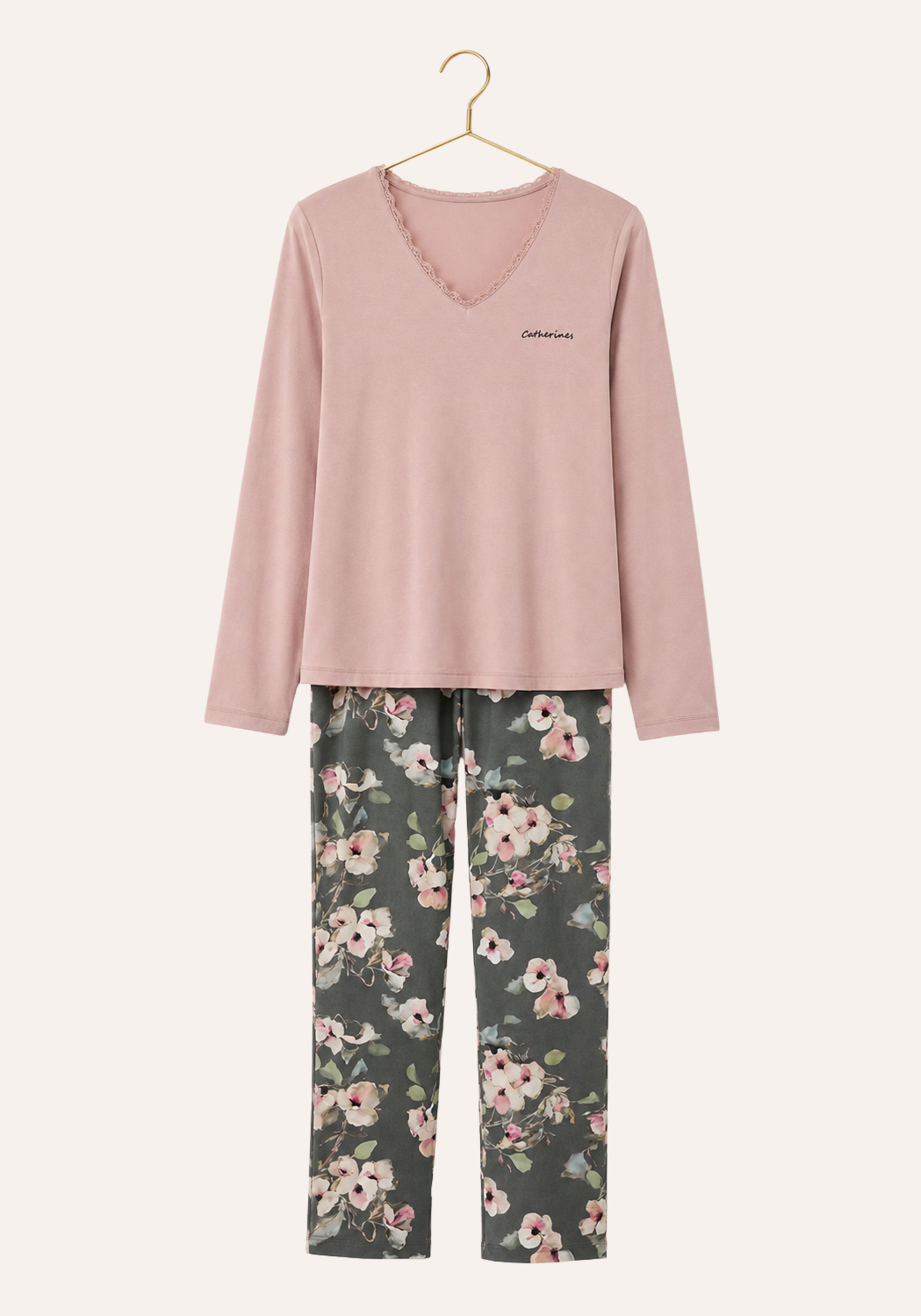 Plain Long Sleeve Top And Floral Print Pant Pajamas