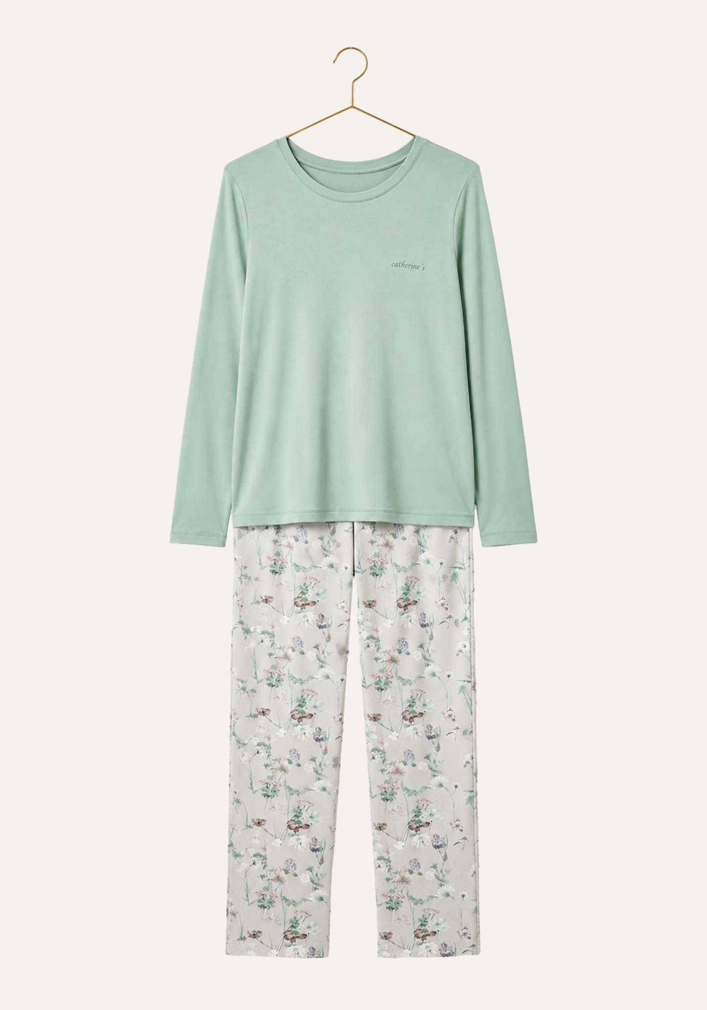 Plain Long Sleeve Top And Floral Print Pant Pajamas