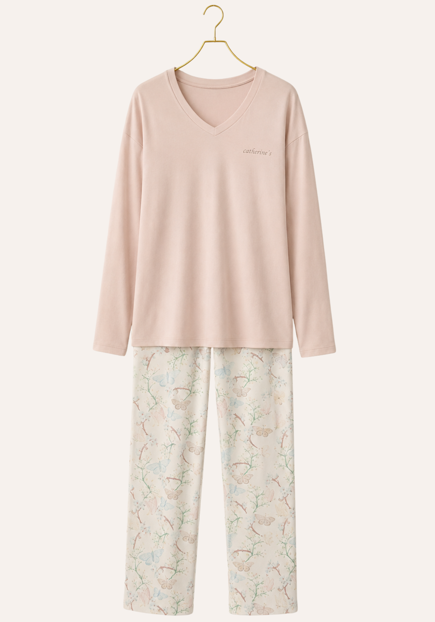 Plain Long Sleeve Top And Floral Print Pant Pajamas