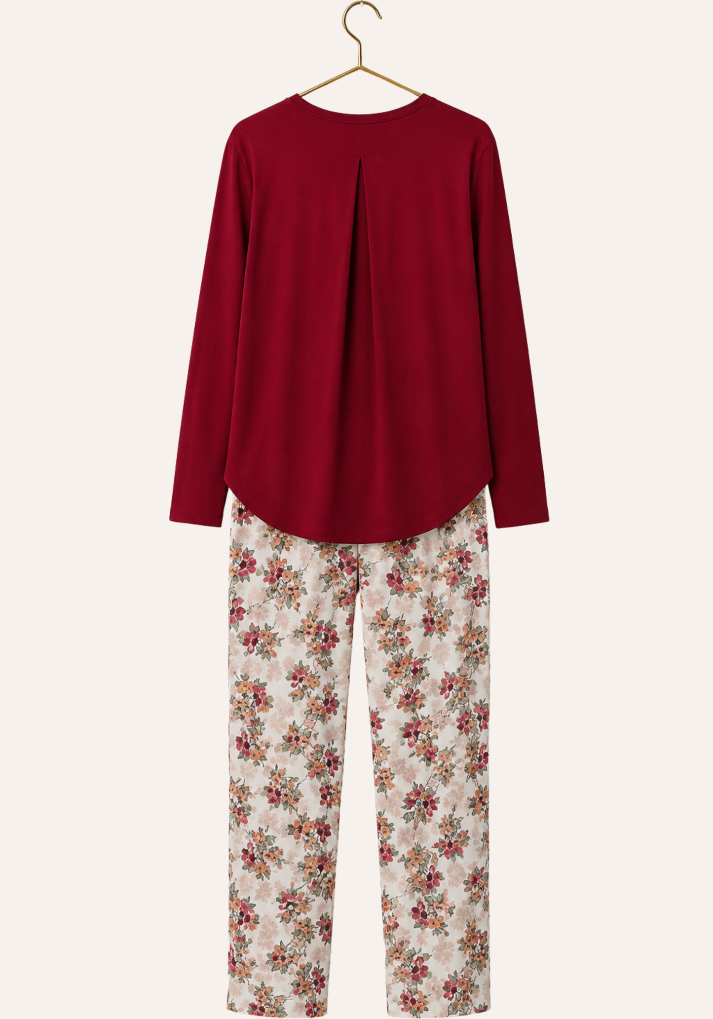Plain Long Sleeve Top And Floral Print Pant Pajamas