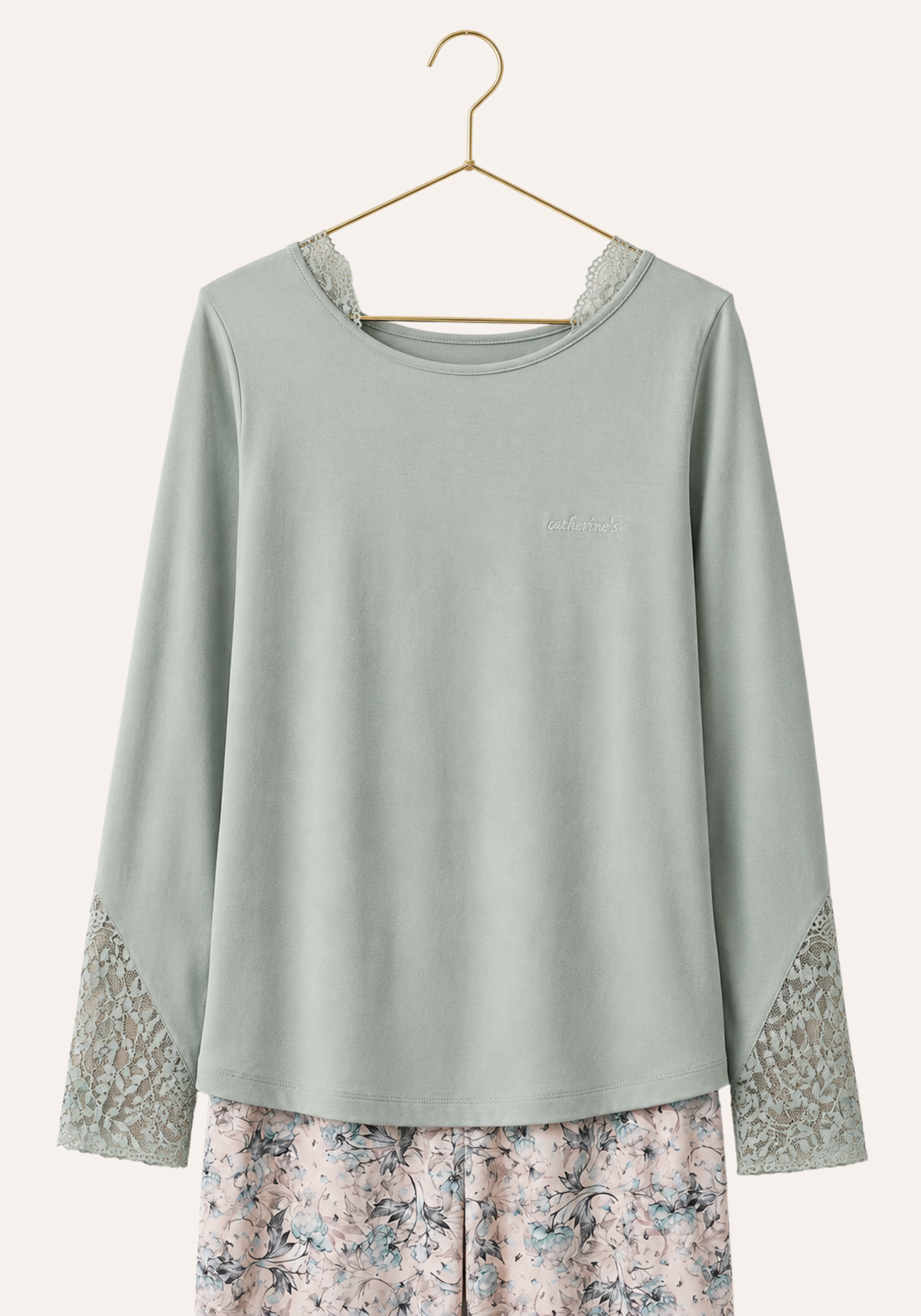 Plain Long Sleeve Top With Lace Detail And Floral Print Pant Pajamas