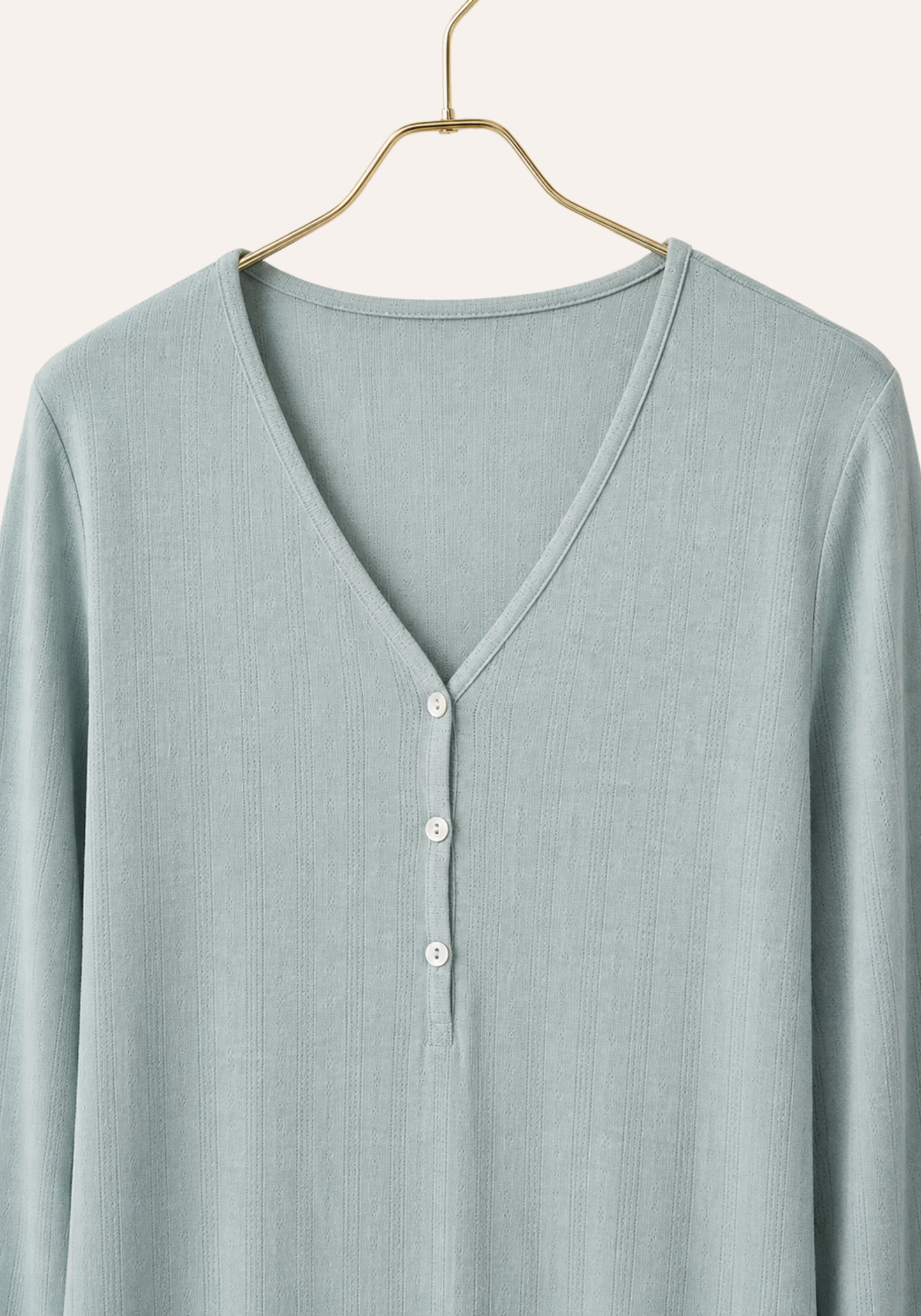 Plain Half Button Long Sleeve Top And Pant Pajamas