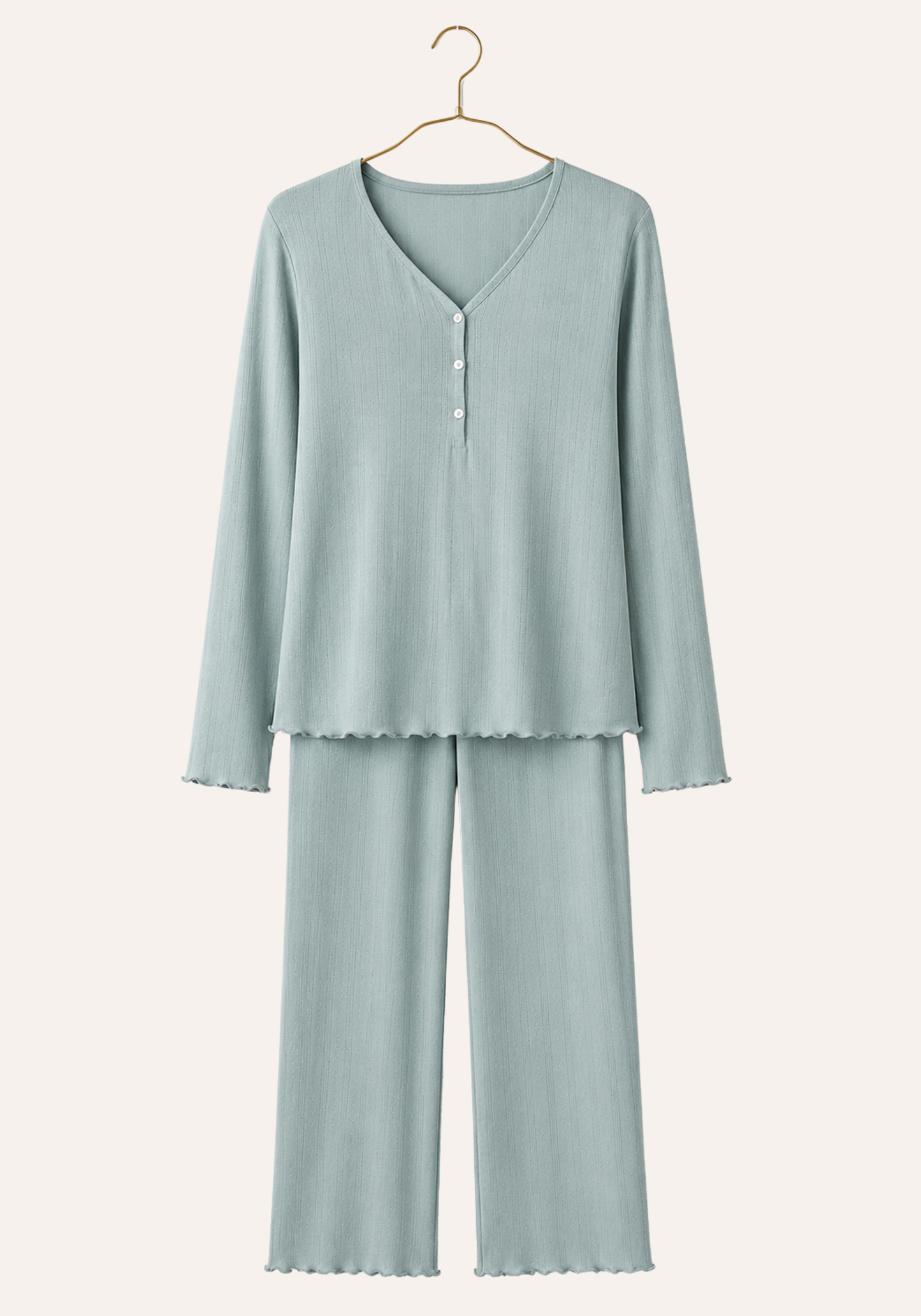 Plain Half Button Long Sleeve Top And Pant Pajamas
