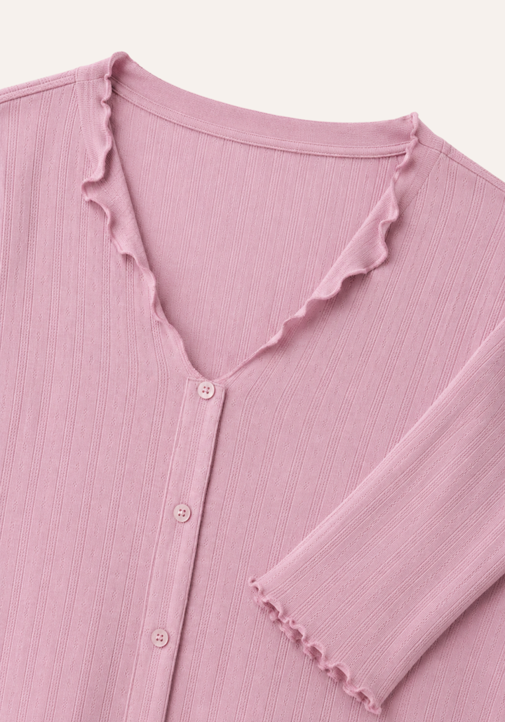 Plain Long Sleeve Top Buttons And Pant Pajamas