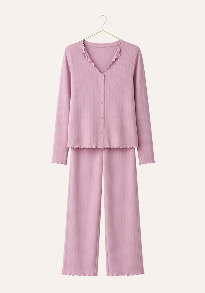 Plain Long Sleeve Top Buttons And Pant Pajamas