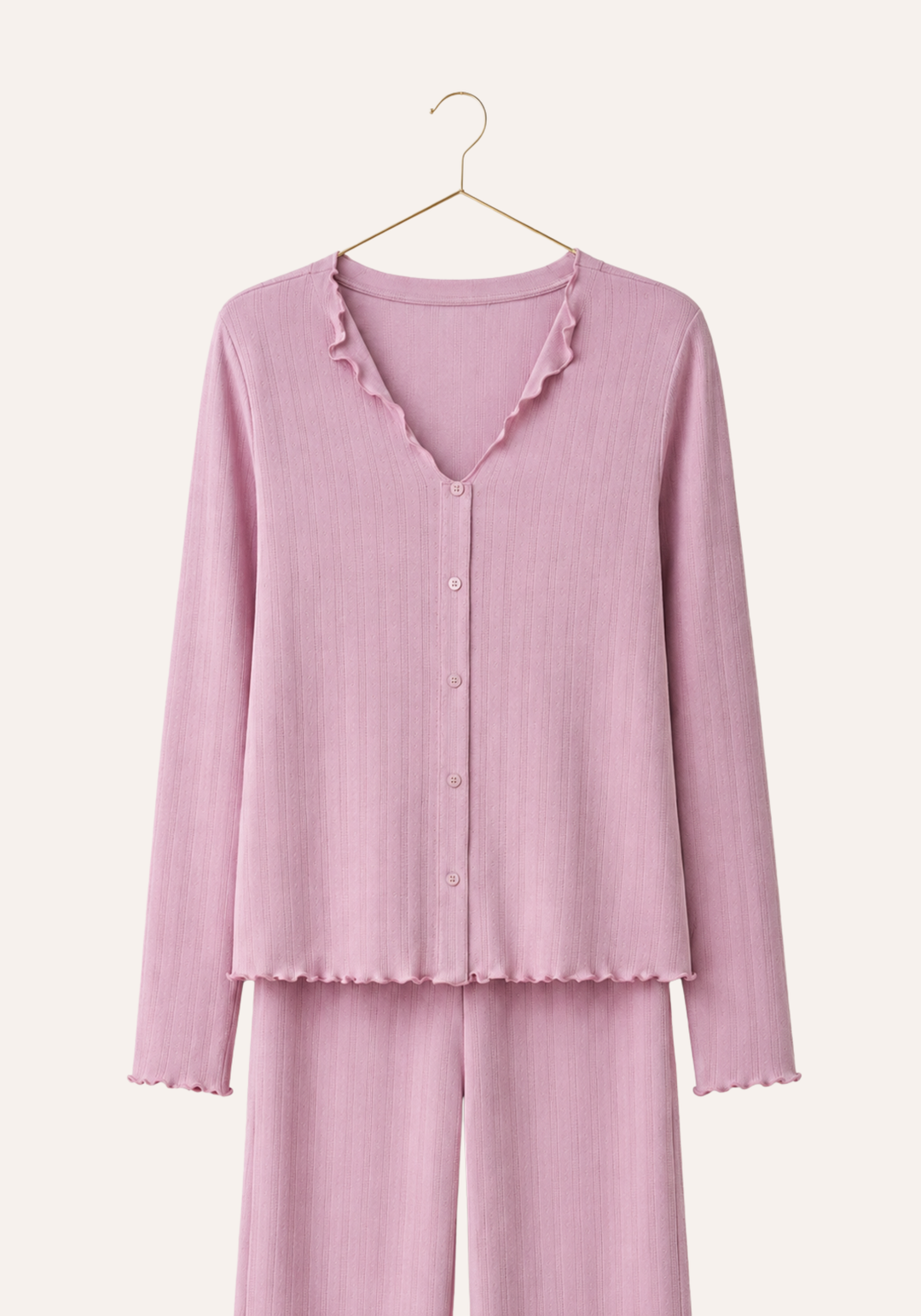 Plain Long Sleeve Top Buttons And Pant Pajamas