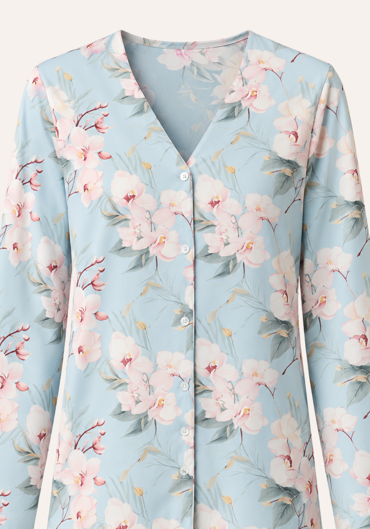 Floral Print V-Neck Button Long Sleeve Top And Pant Pajamas