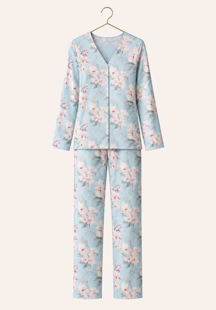 Floral Print V-Neck Button Long Sleeve Top And Pant Pajamas