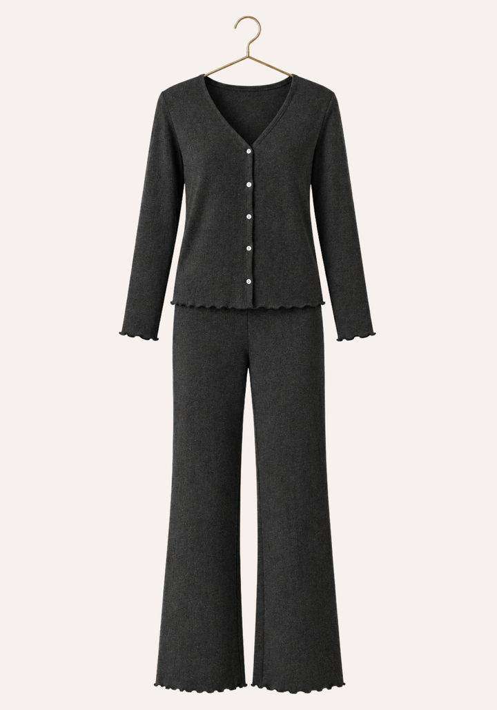 Plain V-Neck Button Long Sleeve Top And Pant Pajamas