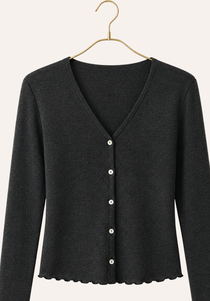 Plain V-Neck Button Long Sleeve Top And Pant Pajamas