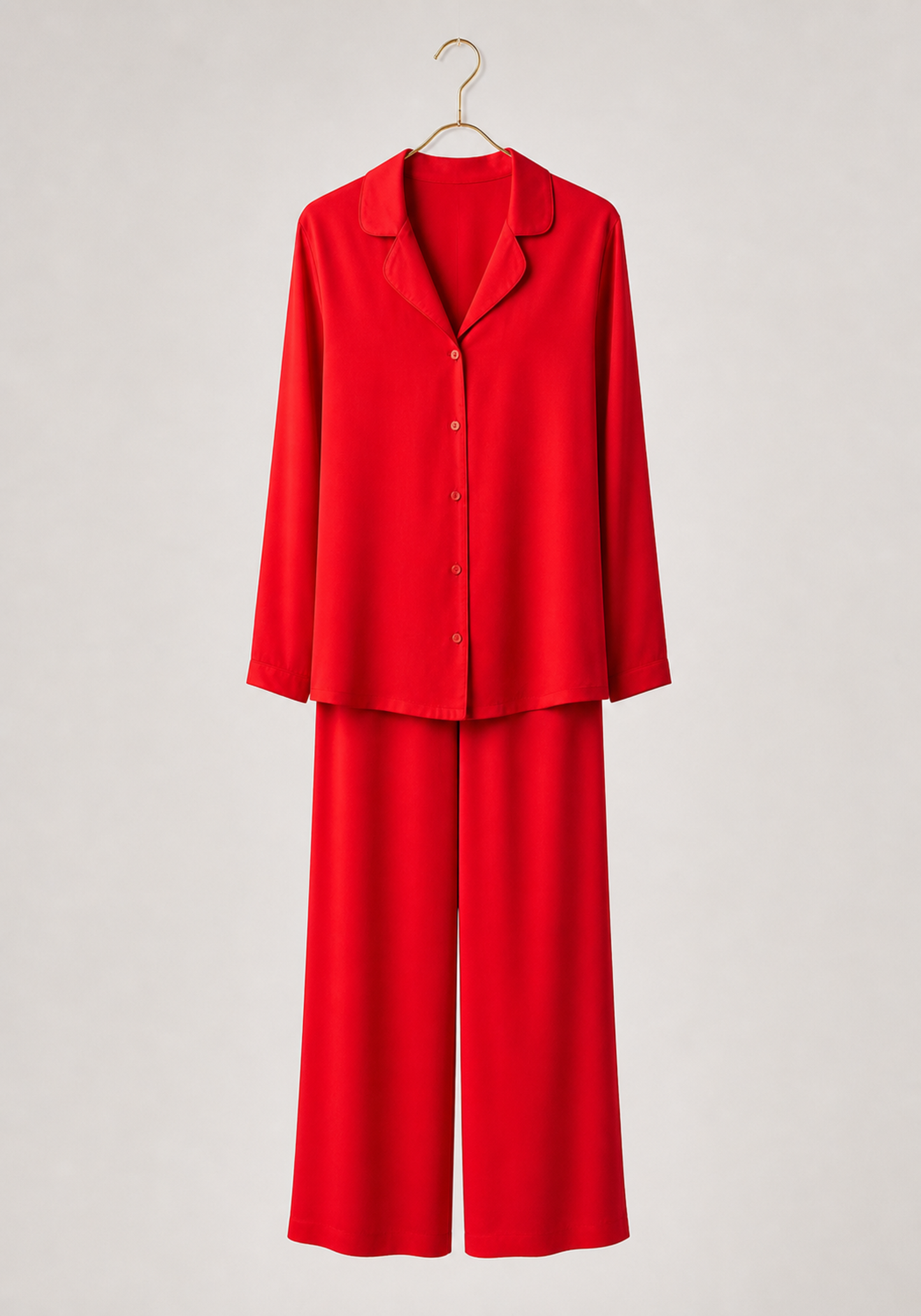 Satin Pajamas: Collar Button Long Sleeve Top And Pants (100% Viscose)