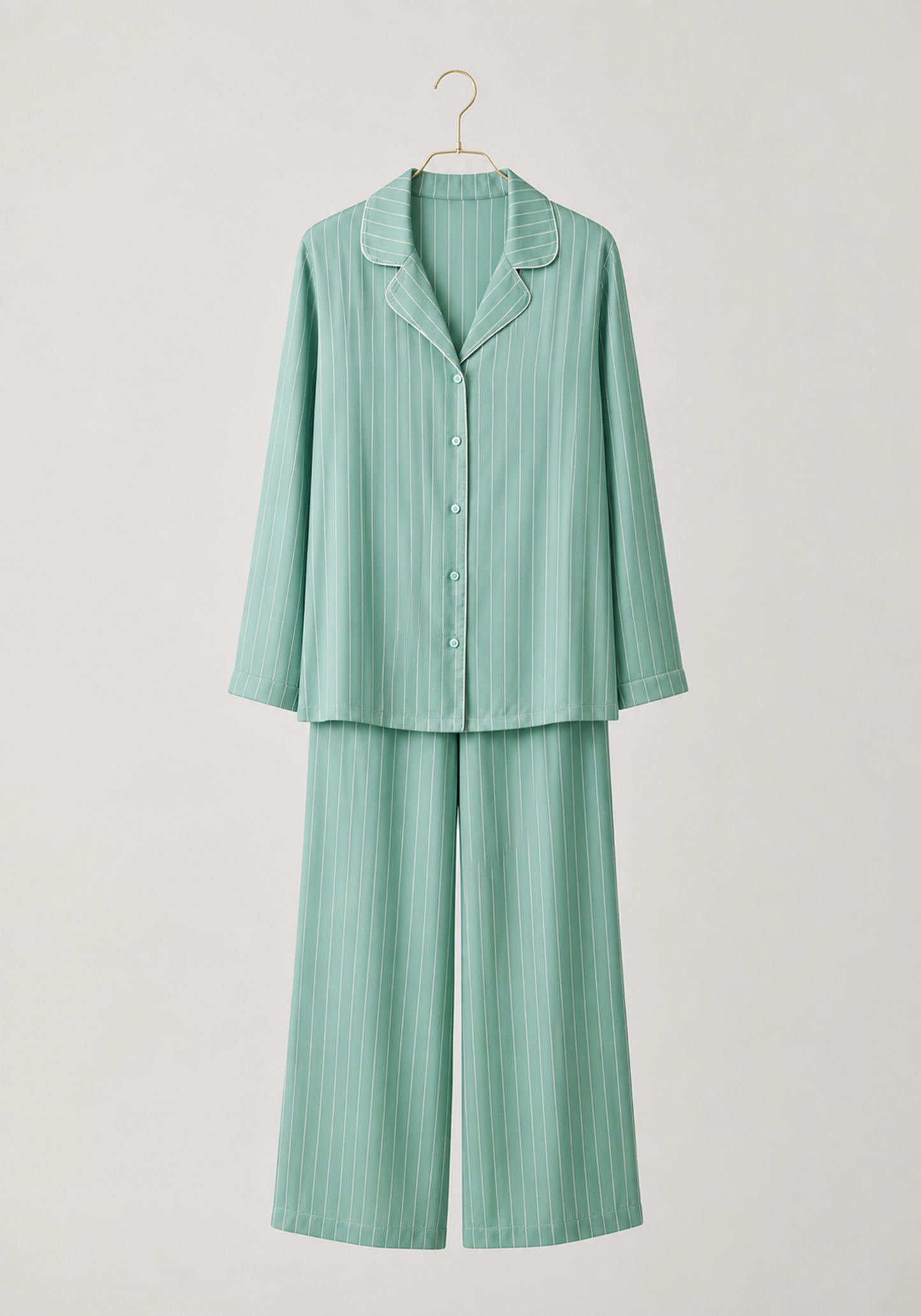 Satin Pajamas: Striped Collar Button Long Sleeve Top And Pants (100% Viscose)