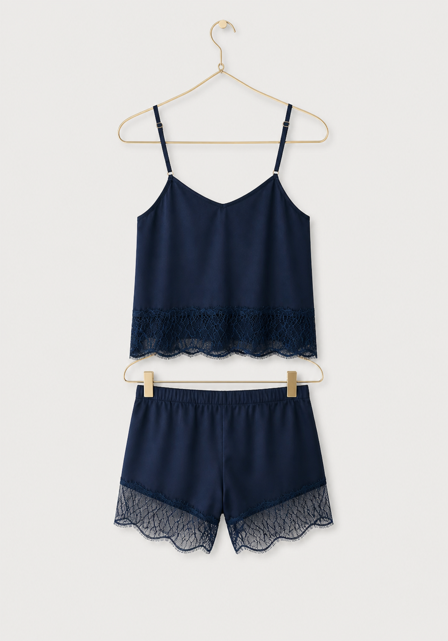 Satin Cami Set: Shoulder Strap Button Top And Shorts With Lace Details