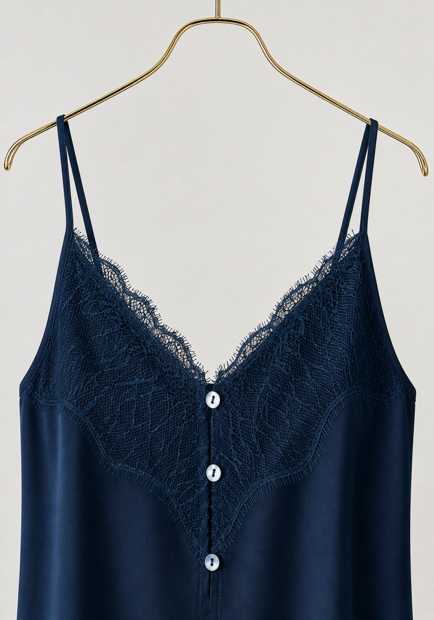 Satin Cami Set: Shoulder Strap Button Top And Shorts With Lace Details