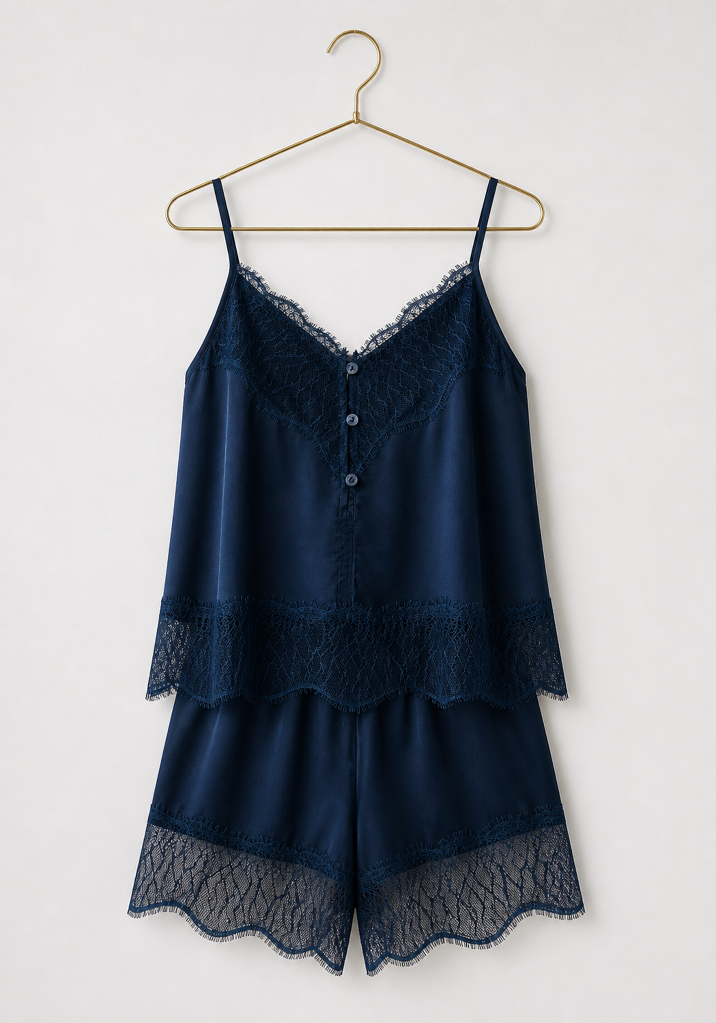 Satin Cami Set: Shoulder Strap Button Top And Shorts With Lace Details