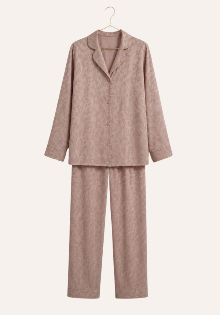 Plain Satin Jackard Collar Button Long Sleeve Top And Long Pants
