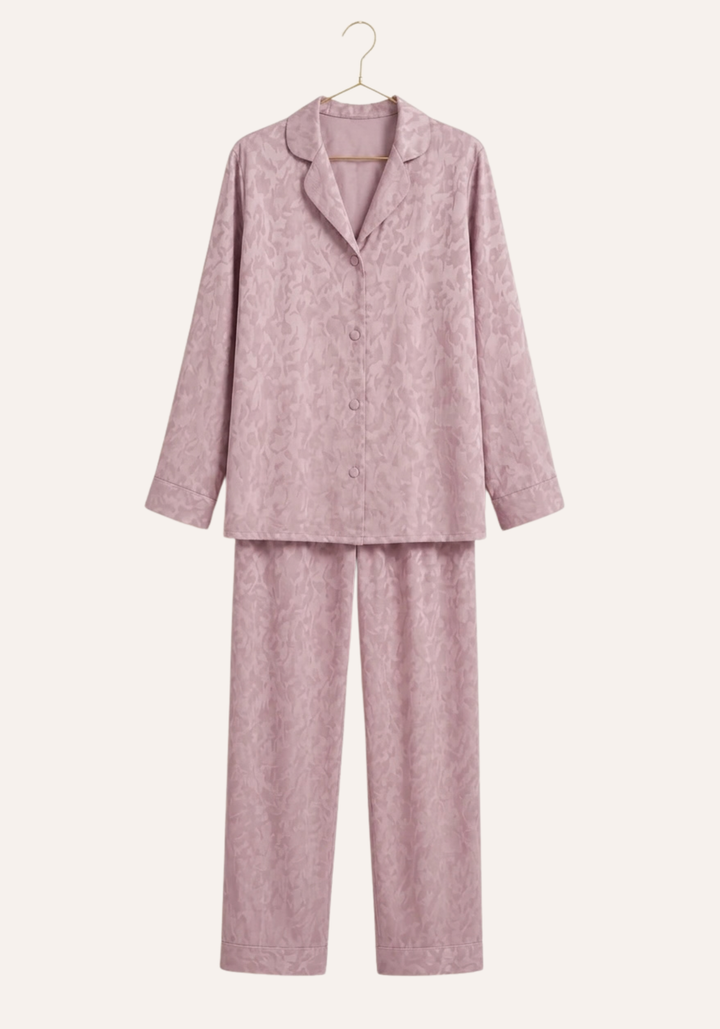 Plain Satin Jackard Collar Button Long Sleeve Top And Long Pants