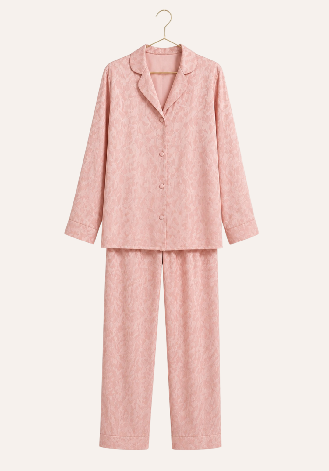 Plain Satin Jackard Collar Button Long Sleeve Top And Long Pants