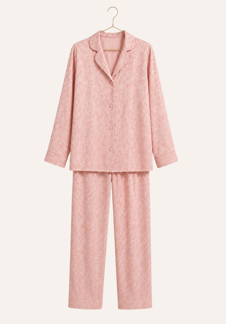 Plain Satin Jackard Collar Button Long Sleeve Top And Long Pants