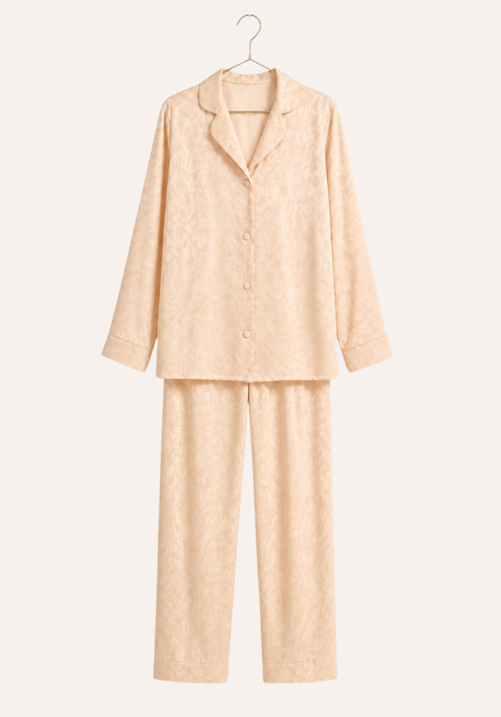 Plain Satin Jackard Collar Button Long Sleeve Top And Long Pants