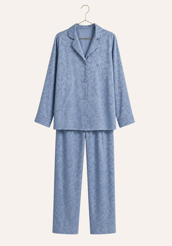 Plain Satin Jackard Collar Button Long Sleeve Top And Long Pants