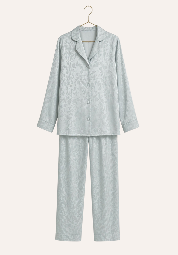 Plain Satin Jackard Collar Button Long Sleeve Top And Long Pants