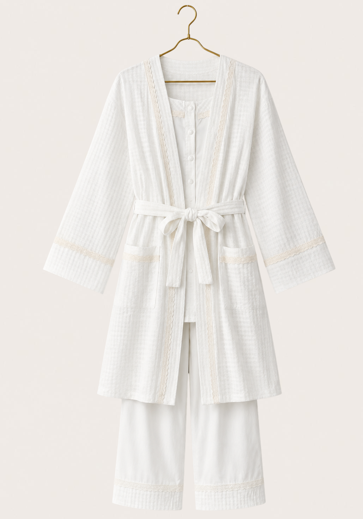 Maternal 3 Pieces Set: Bralet And Pants And Long Sleeves Short Robe