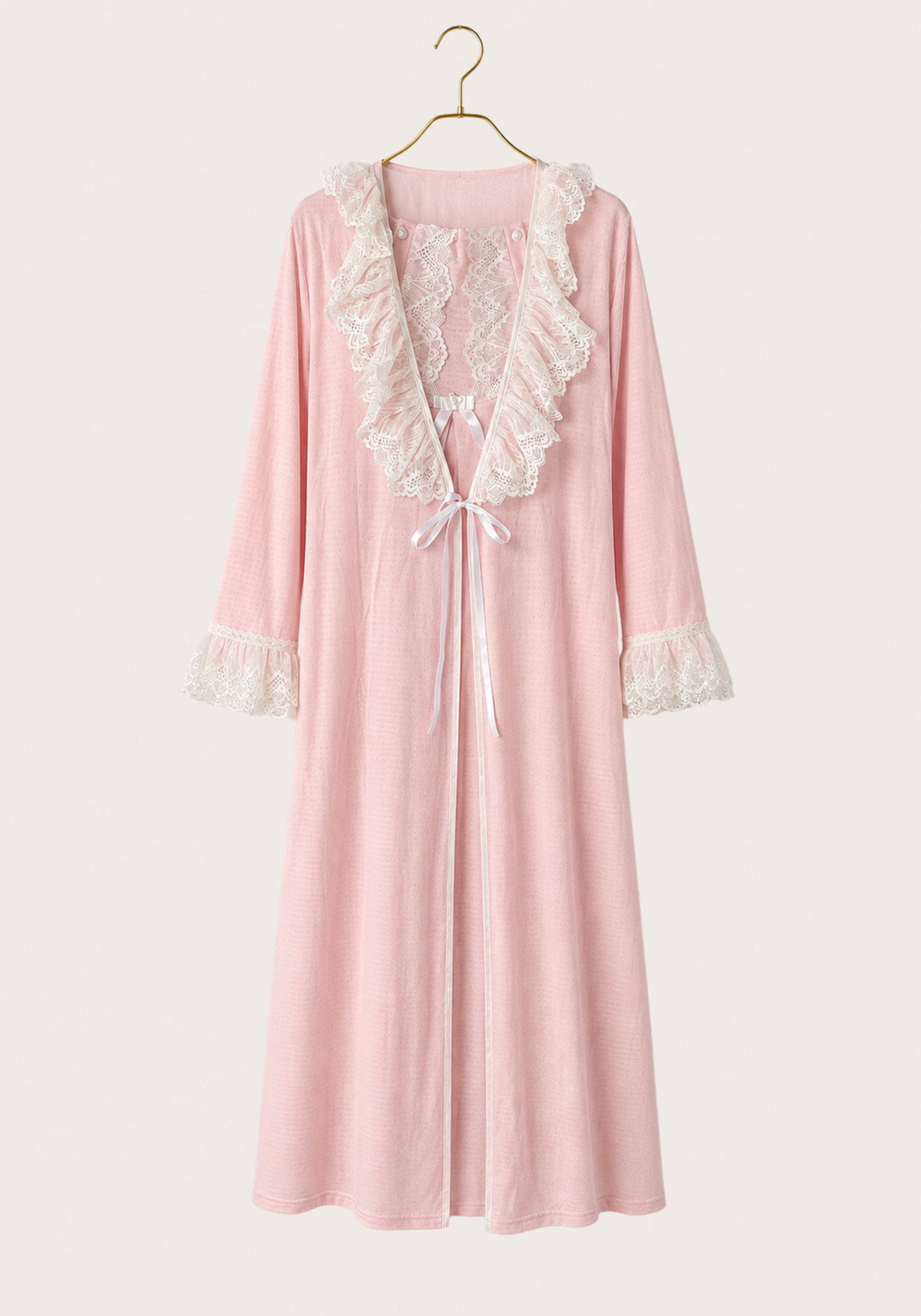 Maternal Long Robe Set: Long Nighty With Button Dantel Front And Long Robe With Dantel Sleeve Ending