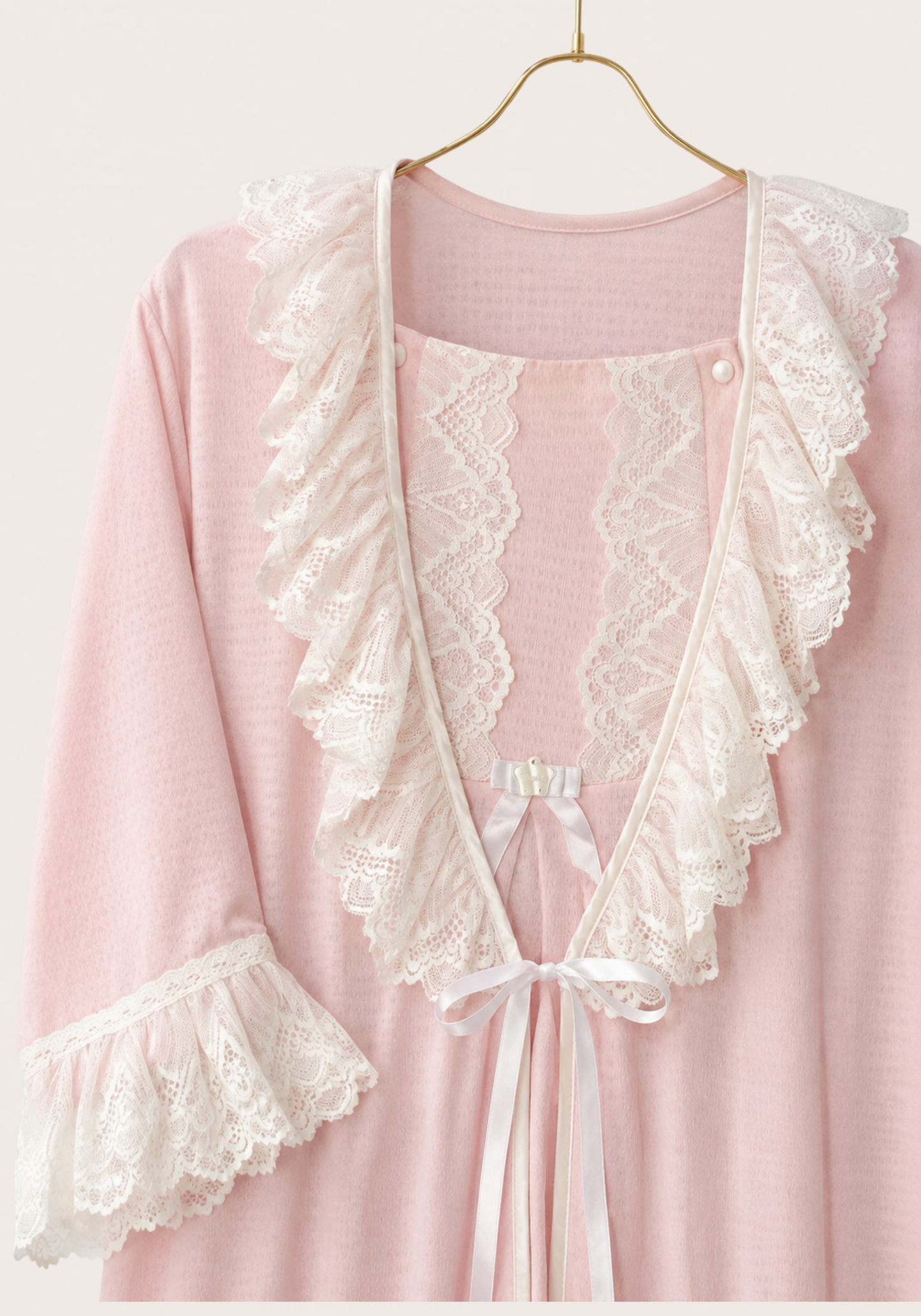 Maternal Long Robe Set: Long Nighty With Button Dantel Front And Long Robe With Dantel Sleeve Ending