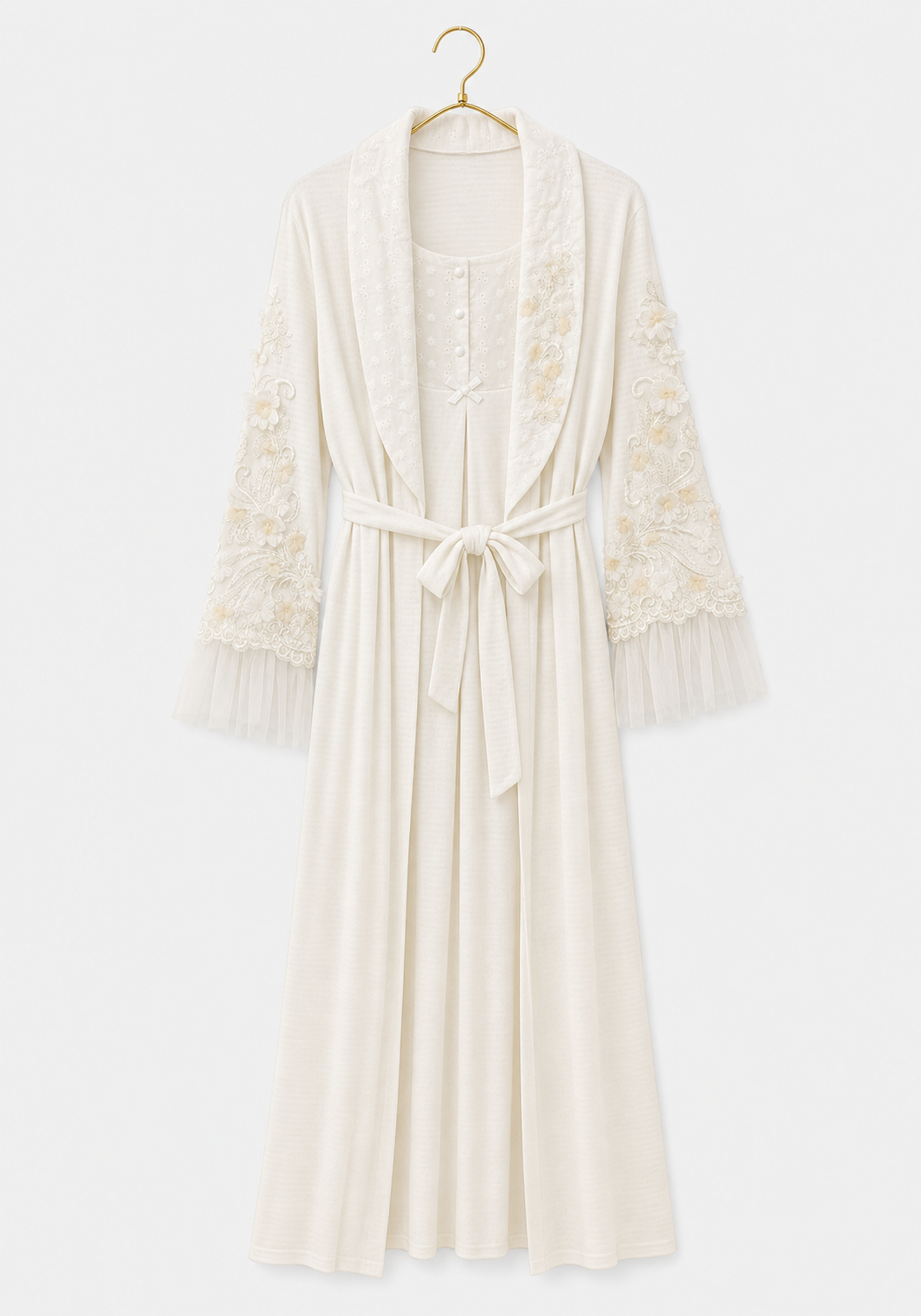 Maternal Robe Set: Button Long Nighty With Front Dantel And Long Robe With Dantel