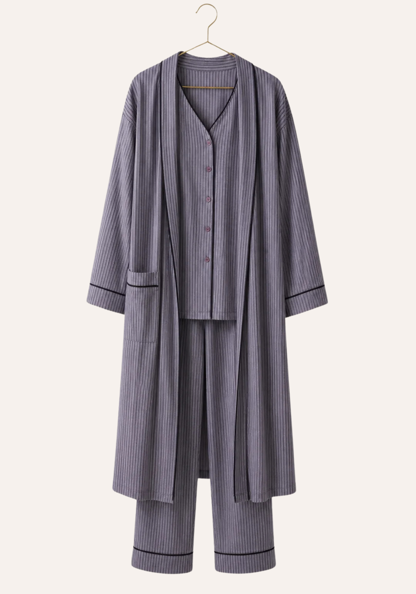 Plain Chords Short Sleeve Buttoned Top And Pant And Long Sleeve Long Robe Set
