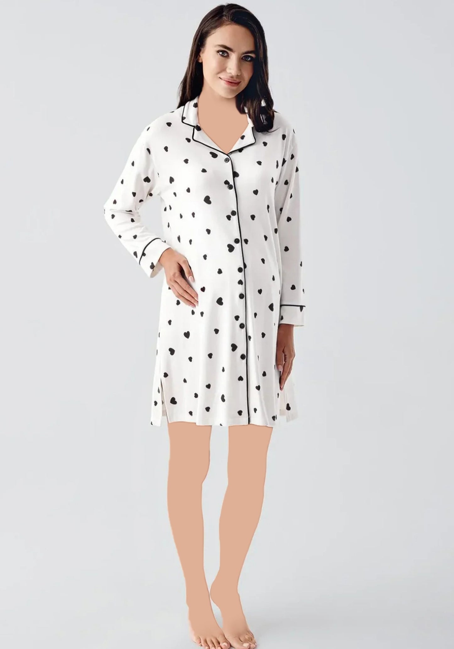 Maternal Thermal Lycra Collar Button Long Sleeve Nighty