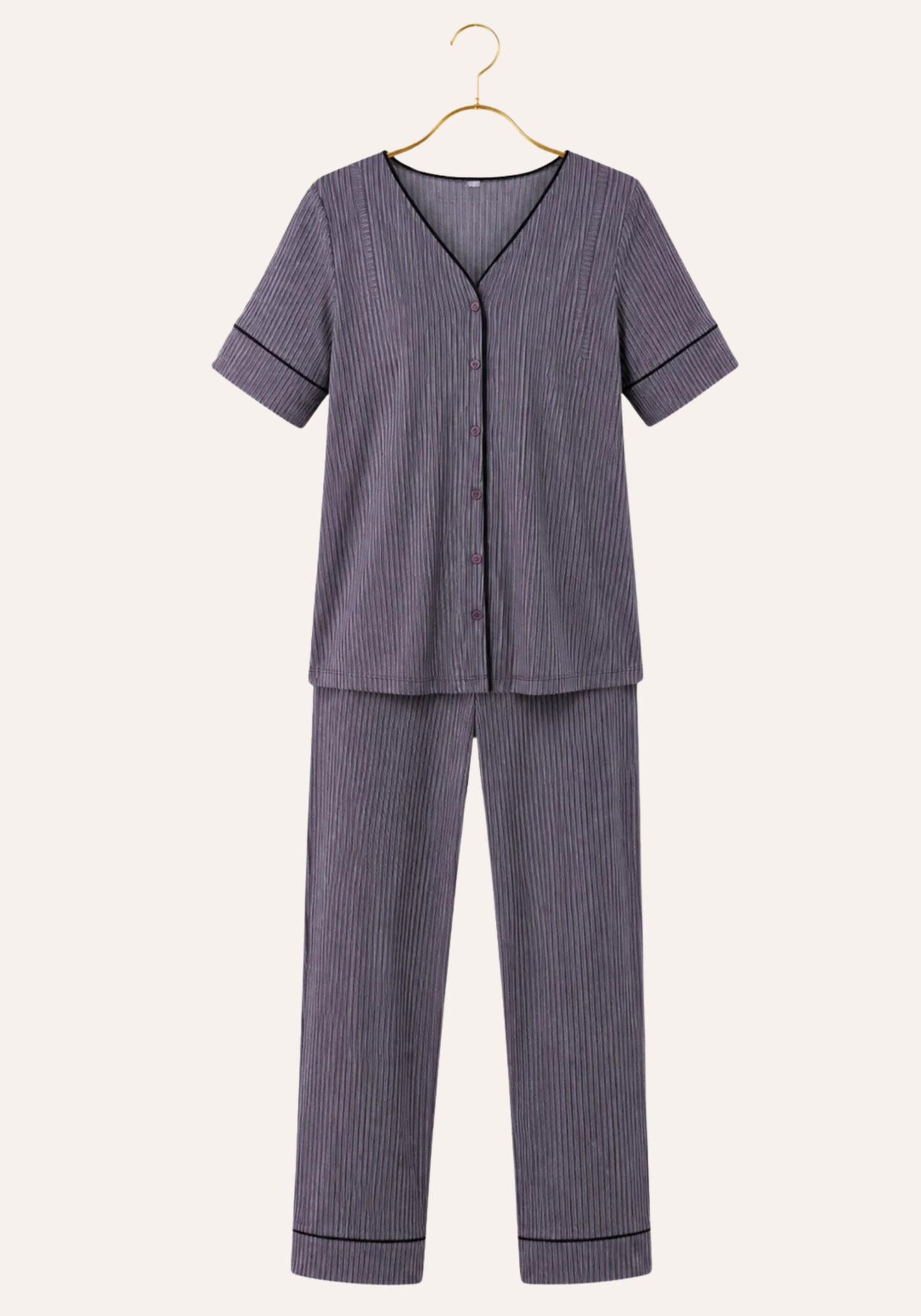 Plain Chords Short Sleeve Buttoned Top And Pant And Long Sleeve Long Robe Set