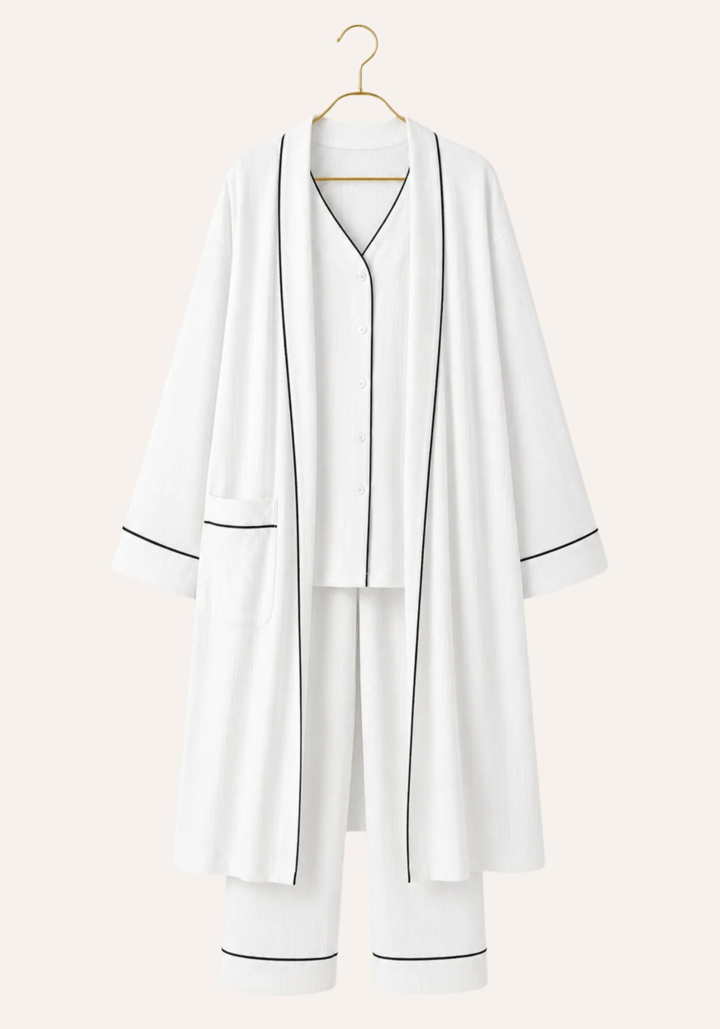Plain Chords Short Sleeve Buttoned Top And Pant And Long Sleeve Long Robe Set