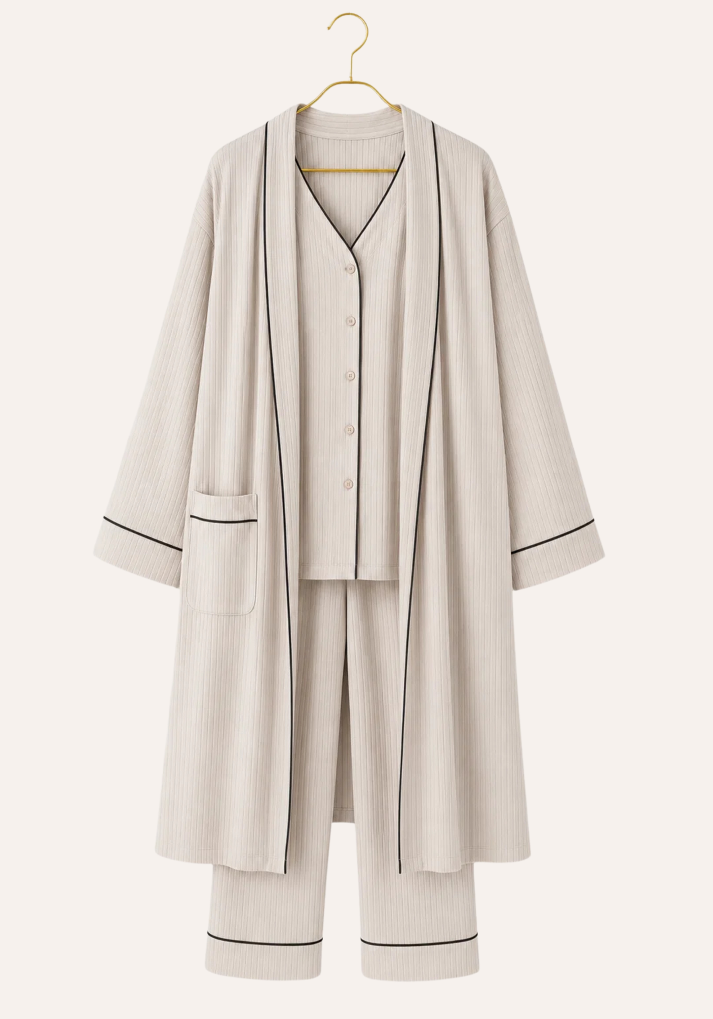 Plain Chords Short Sleeve Buttoned Top And Pant And Long Sleeve Long Robe Set
