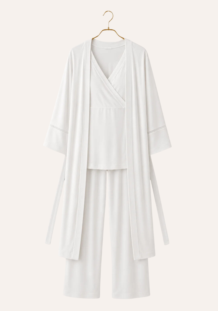 Short Sleeve Top And Pants And Short Sleeve Robe Set