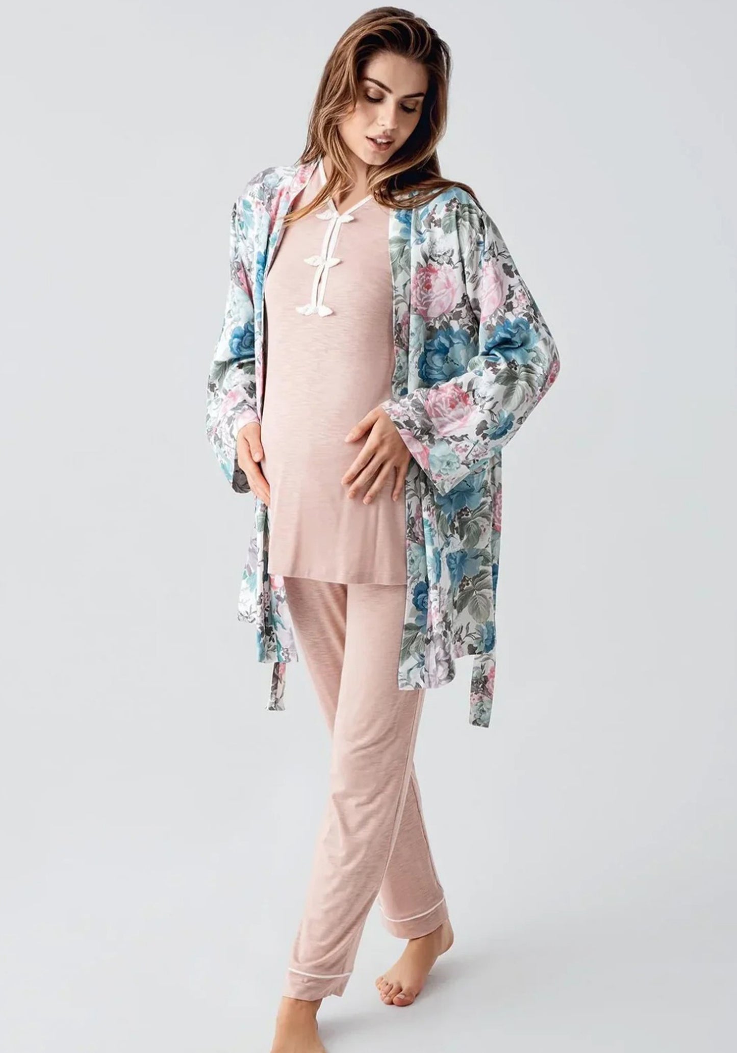 3 Piece Short Robe And Long Sleeve Pajama