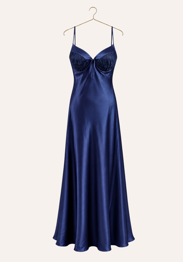Shoulder Strap Padded Cups Open Back Lace Long Gown