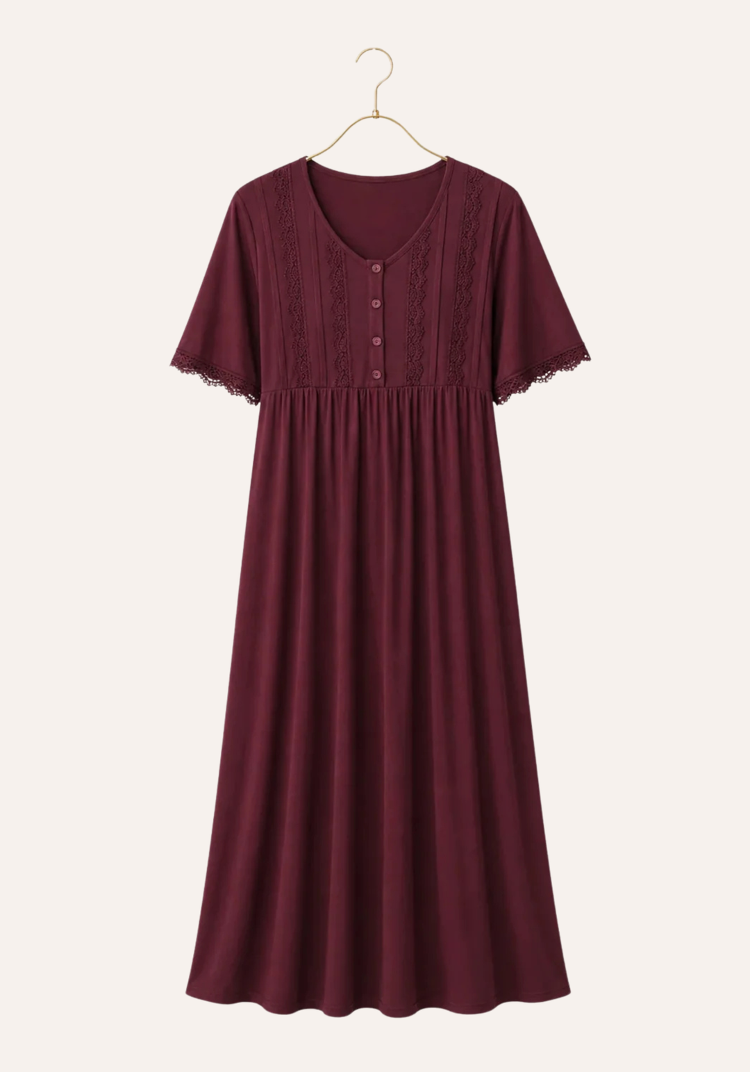 Plus Size Viscose Lycra Plain Short Sleeve Long Nighty  With Lace Detail