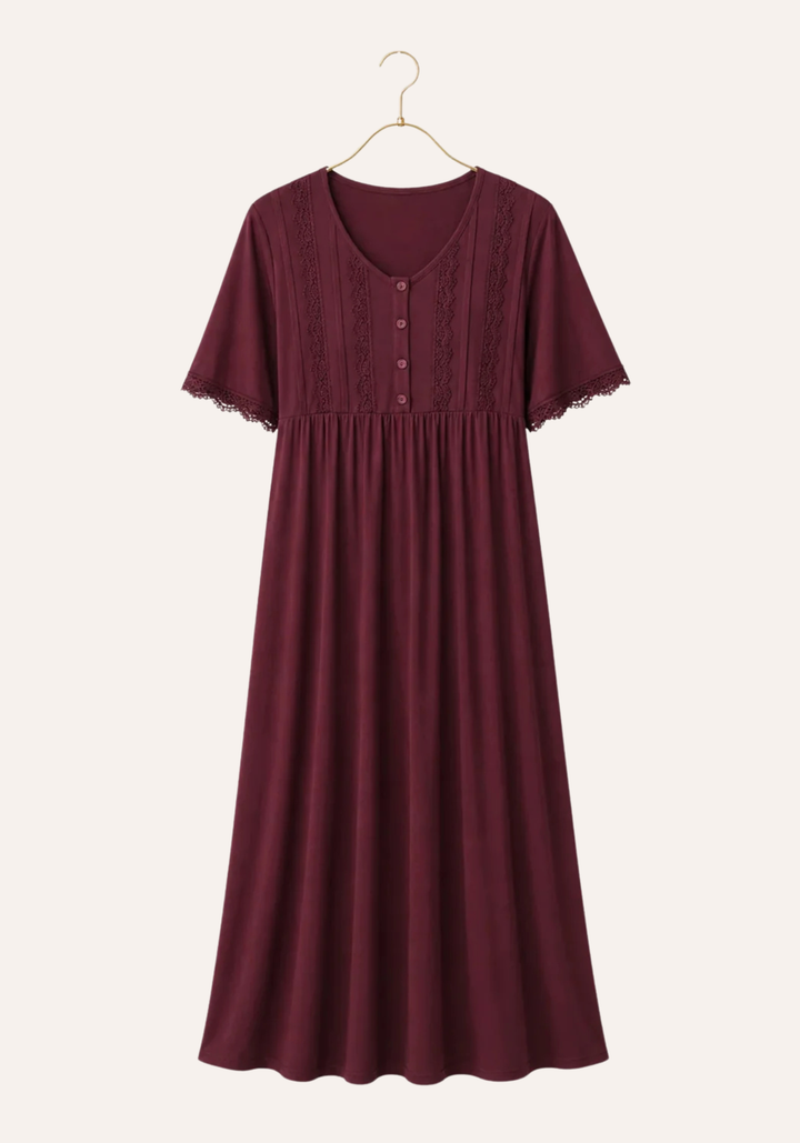 Plus Size Viscose Lycra Plain Short Sleeve Long Nighty  With Lace Detail