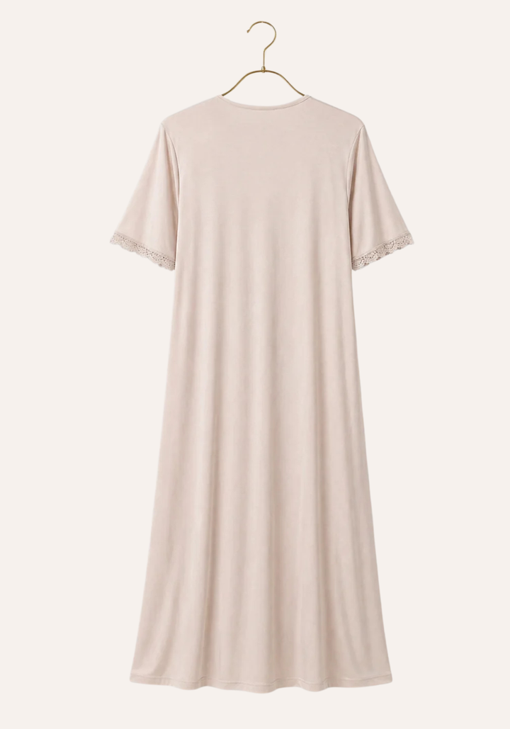 Plus Size Viscose Lycra Plain Short Sleeve Long Nighty  With Lace Detail