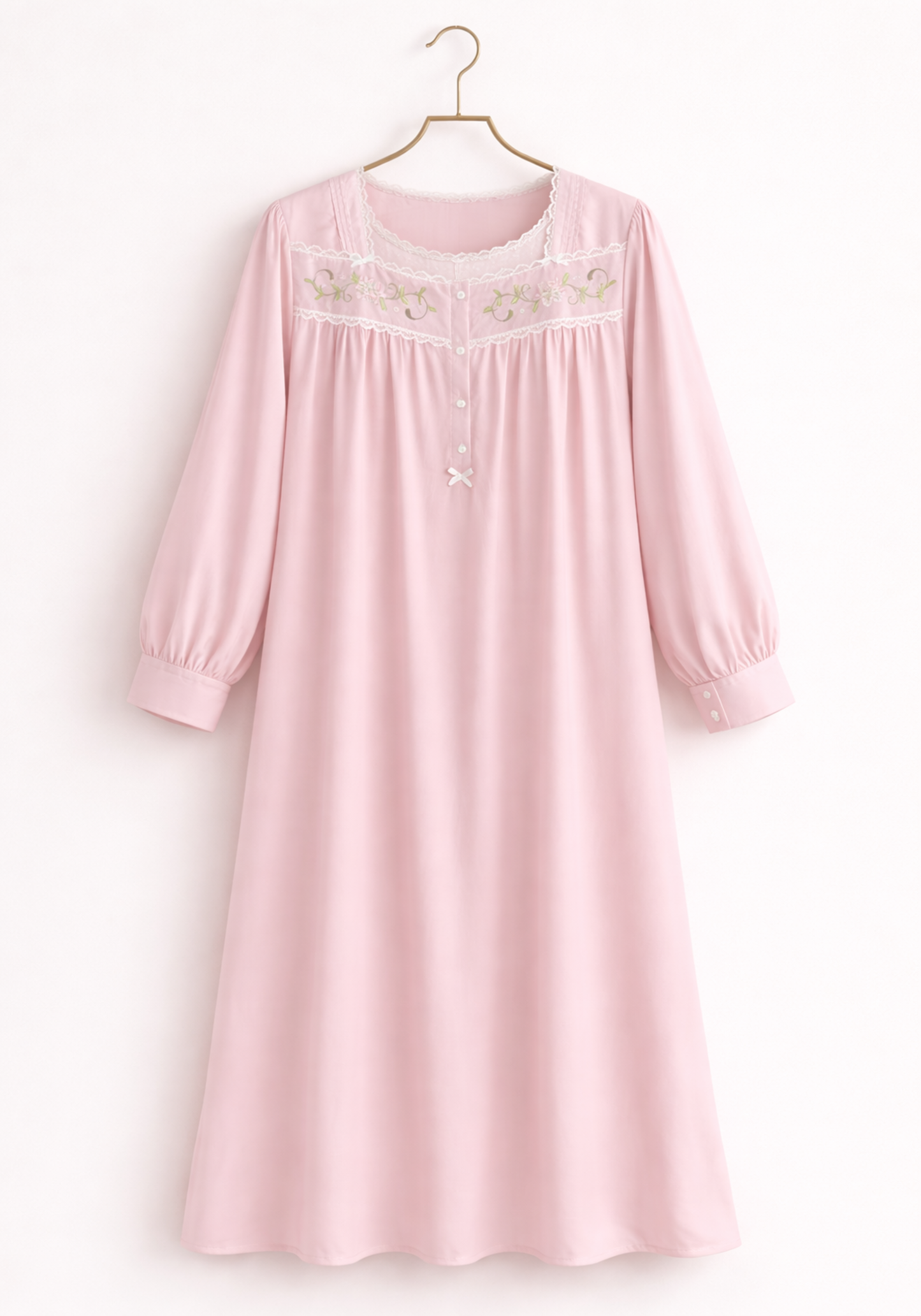 Woven Leno Long Sleeves Long Gown With Floral Embroidery Details With Front Buttons