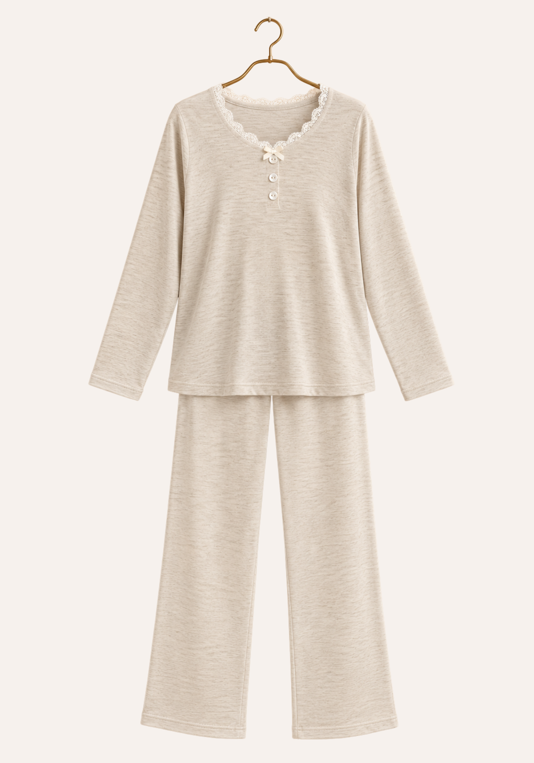 Plain Long Sleeve V-Lace Collar Trim Top And Pants