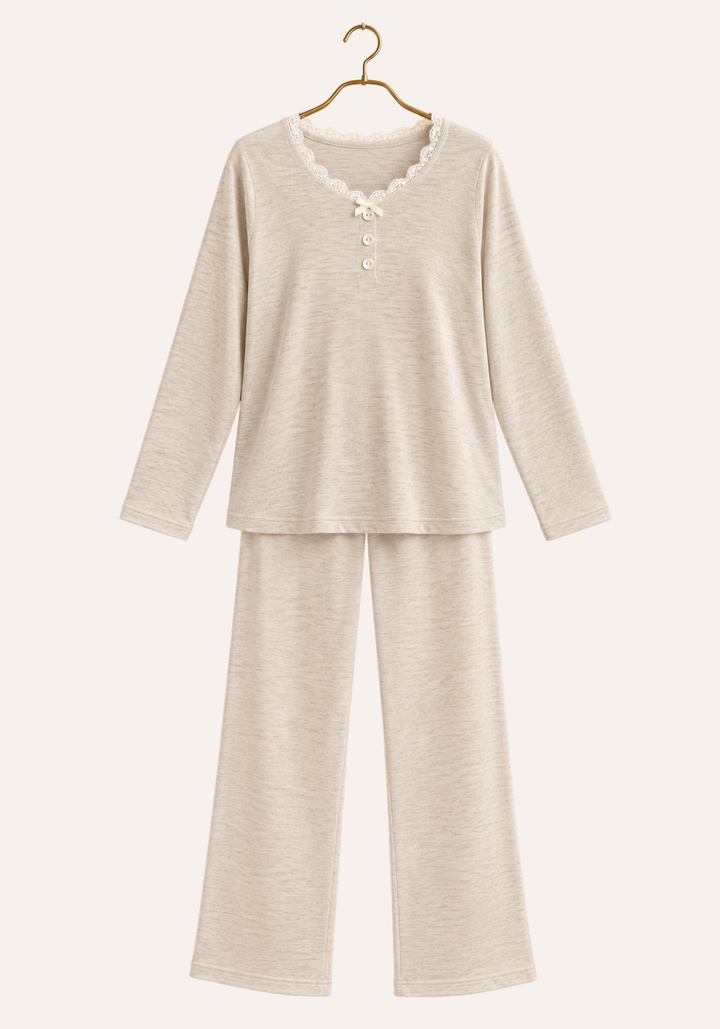 Plain Long Sleeve V-Lace Collar Trim Top And Pants