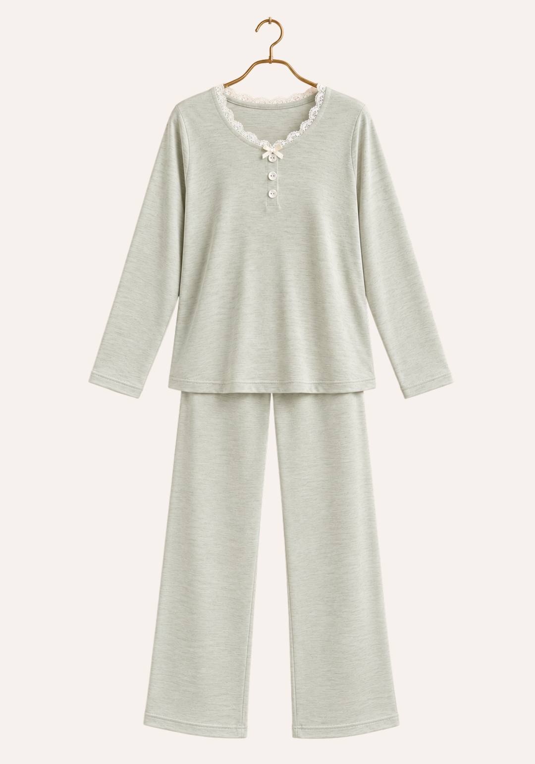 Plain Long Sleeve V-Lace Collar Trim Top And Pants