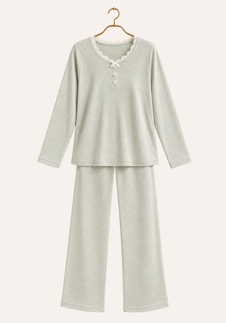 Plain Long Sleeve V-Lace Collar Trim Top And Pants