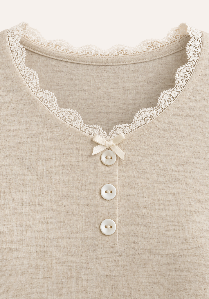 Plain Long Sleeve V-Lace Collar Trim Top And Pants