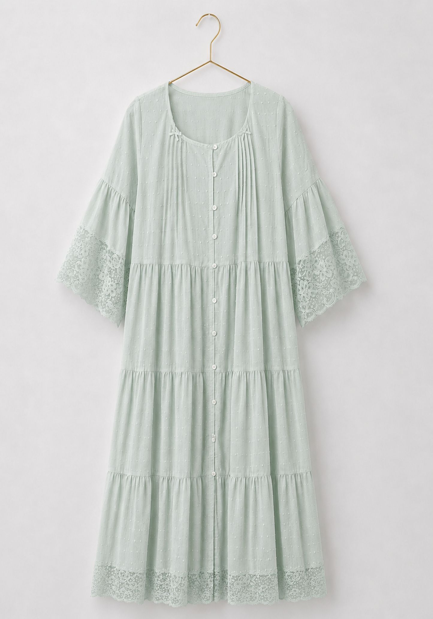 Woven Viscose Long Sleeves Midi Nighty With Front Buttons And Lace Detail