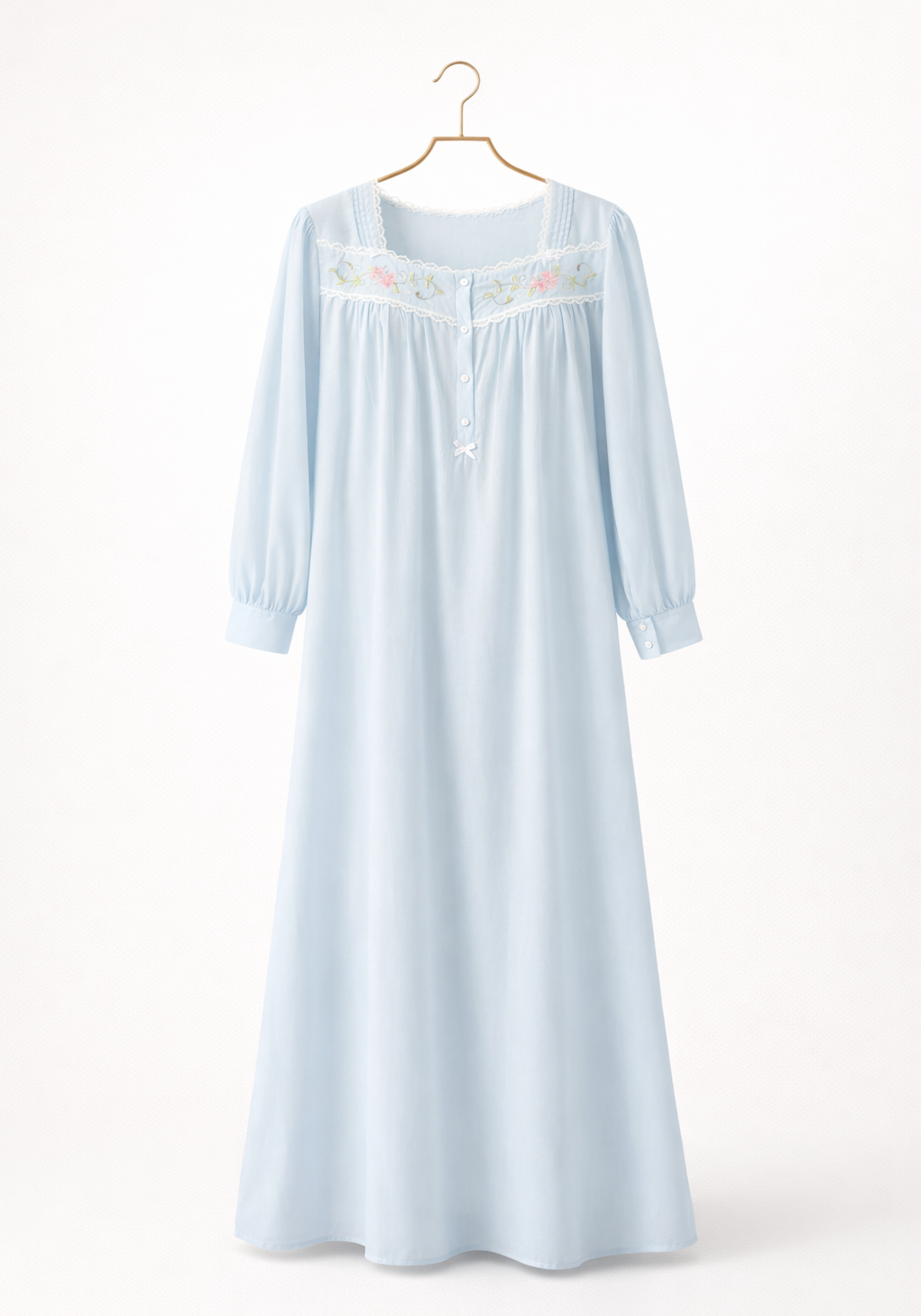 Woven Leno Long Sleeves Long Gown With Floral Embroidery Details With Front Buttons